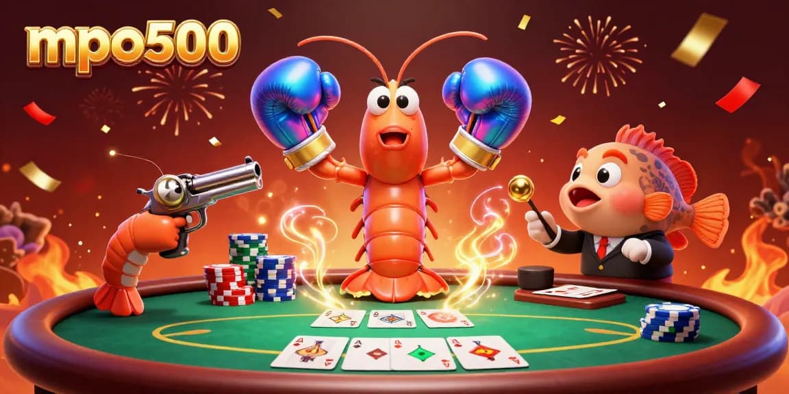 MPO500 offers thrilling poker moments with a vibrant 3D scene featuring energetic shrimp characters beside colorful poker chips.