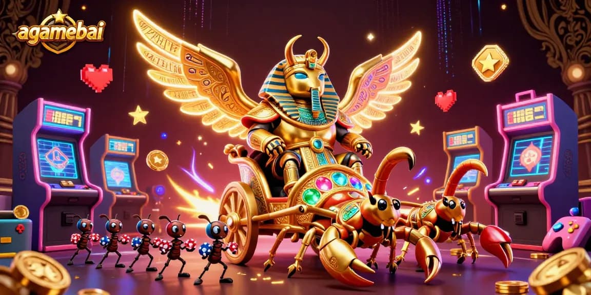 Engage with agamebai in this vibrant 3D casino scene featuring a scarab beetle and scorpions