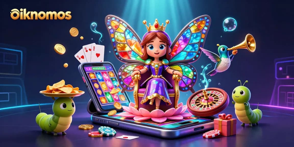 Engage with oikonomos on a vibrant casino scene featuring a butterfly queen and gaming elements.