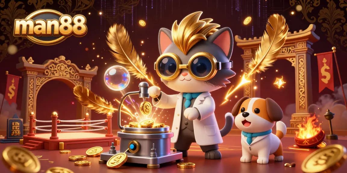 Engage with man88's thrilling gambling adventure featuring a scientist cat and assistant dog creating riches.
