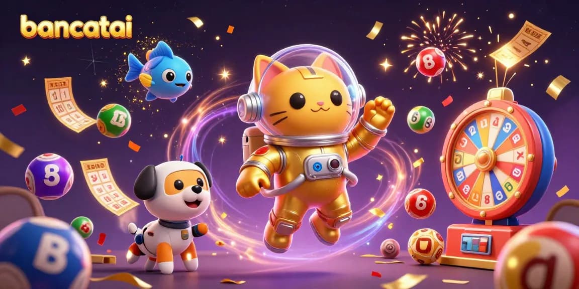 Join the fun of bancatai with an exciting lottery scene featuring a cosmic cat and robot dog.
