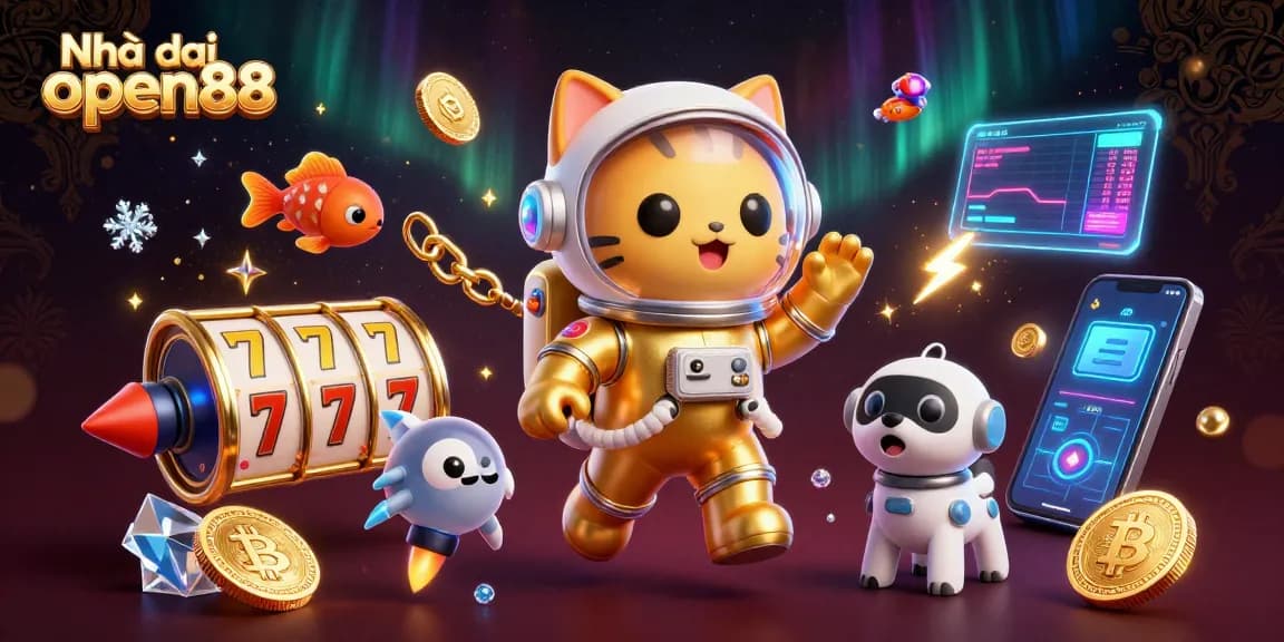 Engage in exciting gameplay at Nhà cái open88 with vibrant slot reels and dynamic cosmic characters.