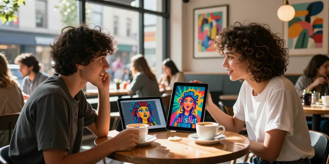 Two friends discussing AI art at a café, showing vibrant "ai slut" works.