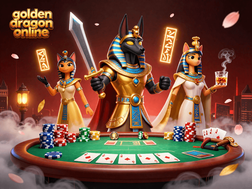 Experience golden dragon online with a vibrant scene featuring Anubis and Bastet in a thrilling poker ambiance.