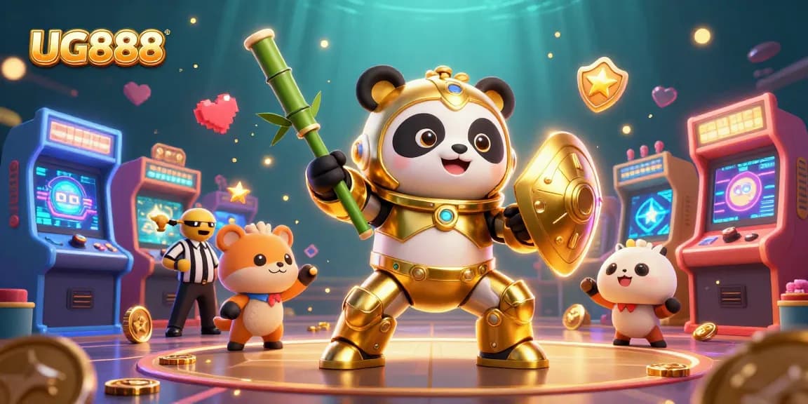 Engage in exciting gameplay at UG888 with a dynamic 3D casino scene featuring lively characters and arcade elements.