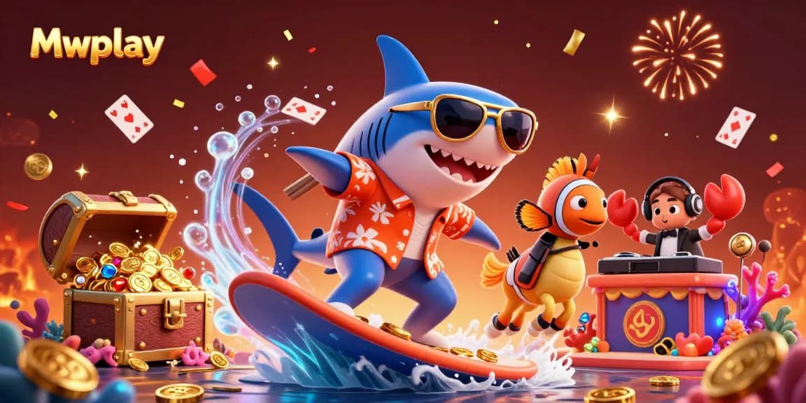 Mwplay invites players to enjoy a vibrant online casino scene with a shark, clownfish, and crab DJ, making waves with excitement.