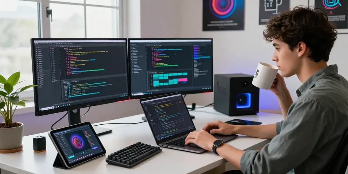 开发者在现代化的工作空间中使用QuickQ VPN，周围有多个屏幕和科技小工具，炫目的LED灯光，以及充满活力的创造性氛围。