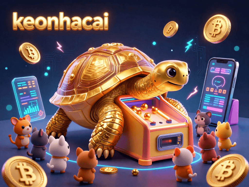 Engage with keonhacai's thrilling crypto casino, showcasing a lively tortoise pinball machine surrounded by vibrant gambling elements.