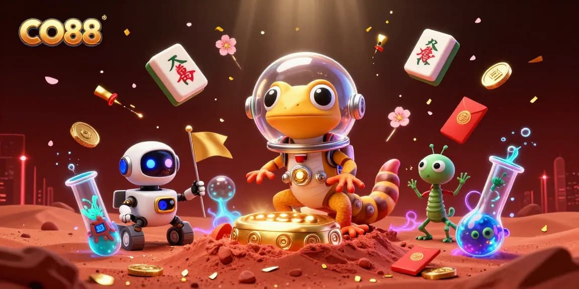 Engage with CO88's vibrant Martian casino adventure featuring a playful gecko and colorful game elements.