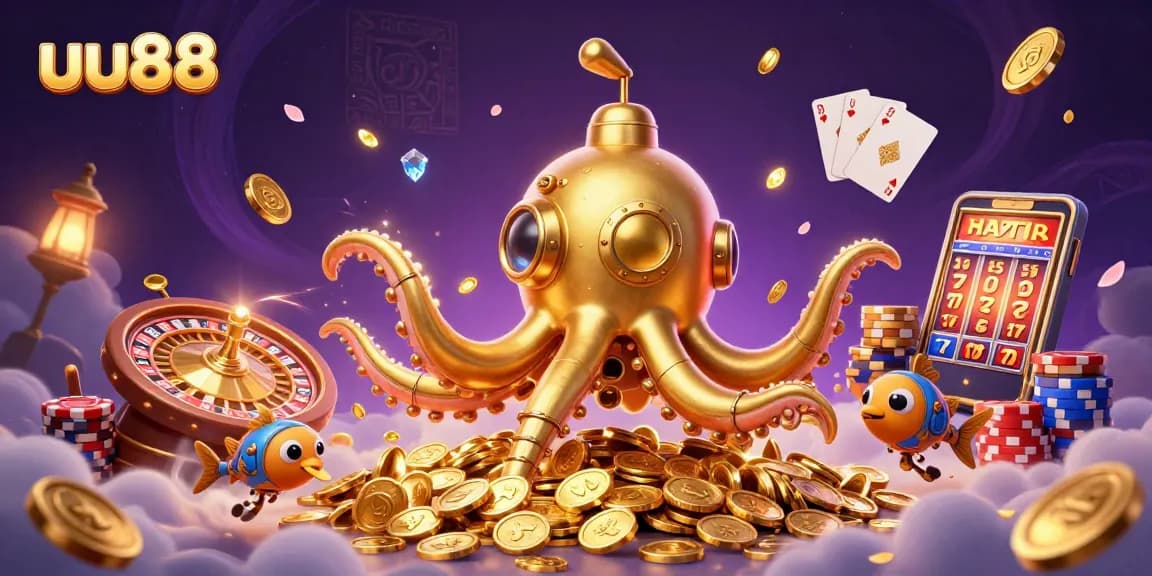 Discover the exciting world of uu88 with a golden kraken submarine and vibrant casino elements.