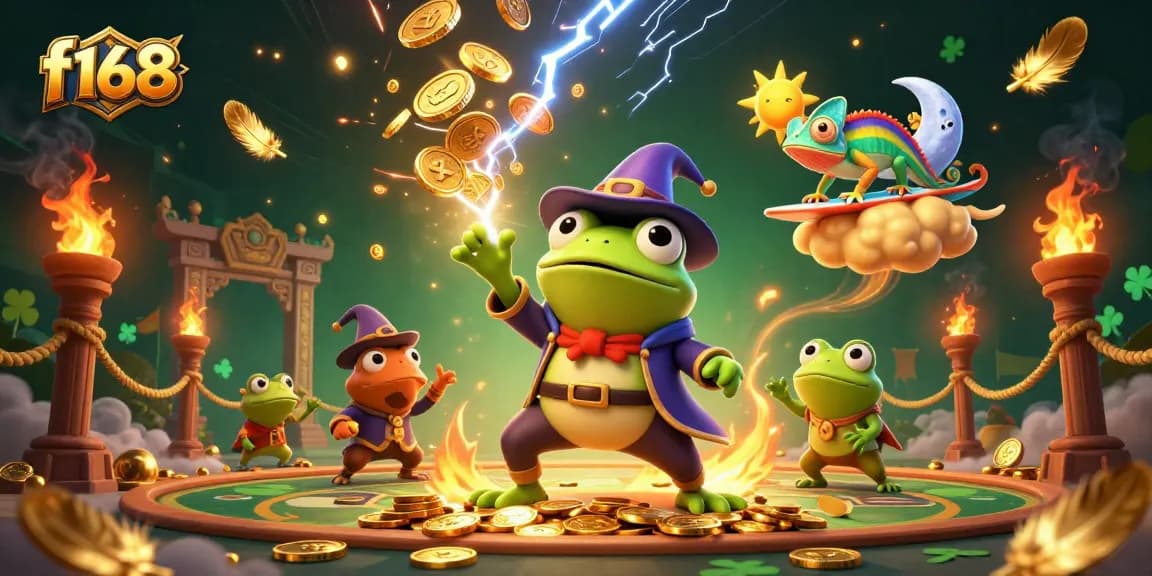 Experience the excitement of f168 casino with golden coins and thriving gaming action in a colorful fantasy scene.