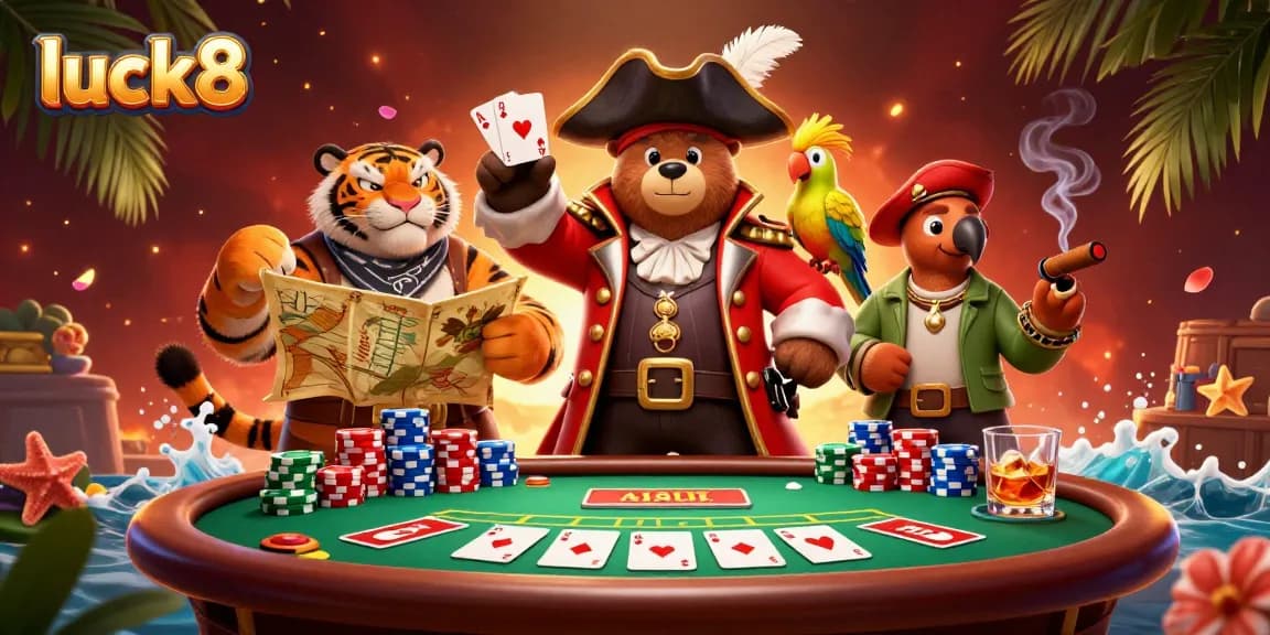 Experience the excitement of luck8 at a vibrant casino with a bear pirate and a tiger.