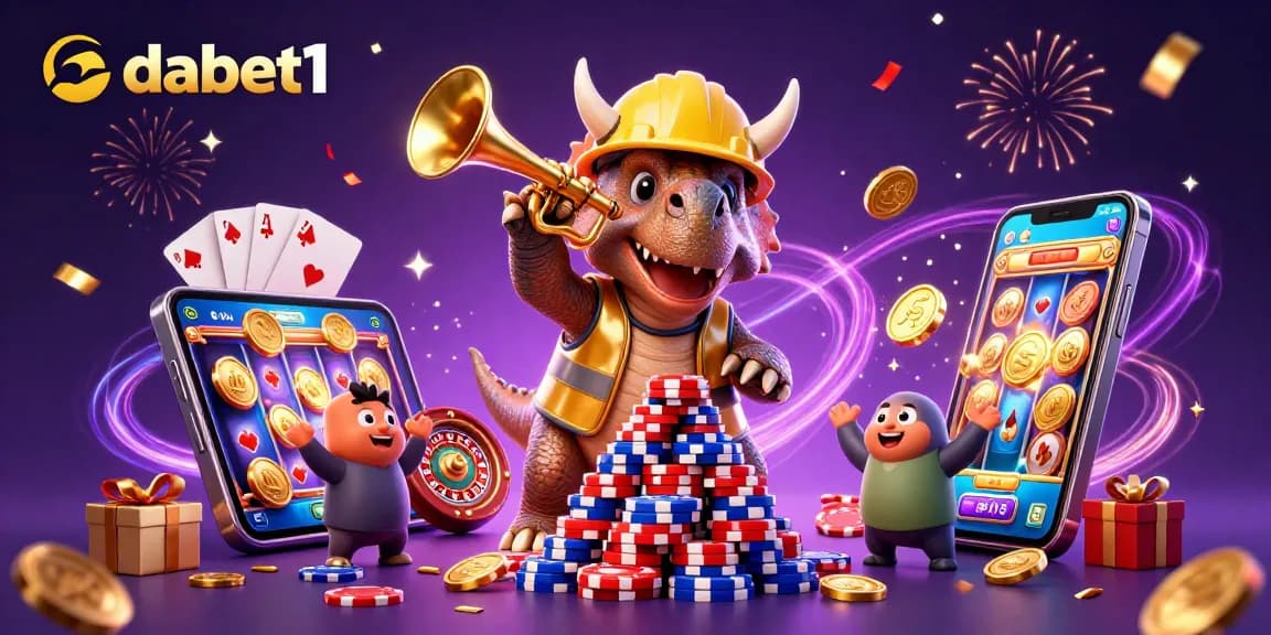 dabet1 celebrates casino fun with a triceratops building poker chip pyramid and joyous characters