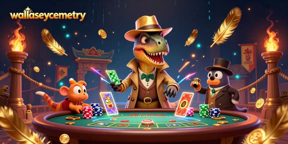 wallaseycemetery-themed casino scene with animated dinosaurs engaging in blackjack action
