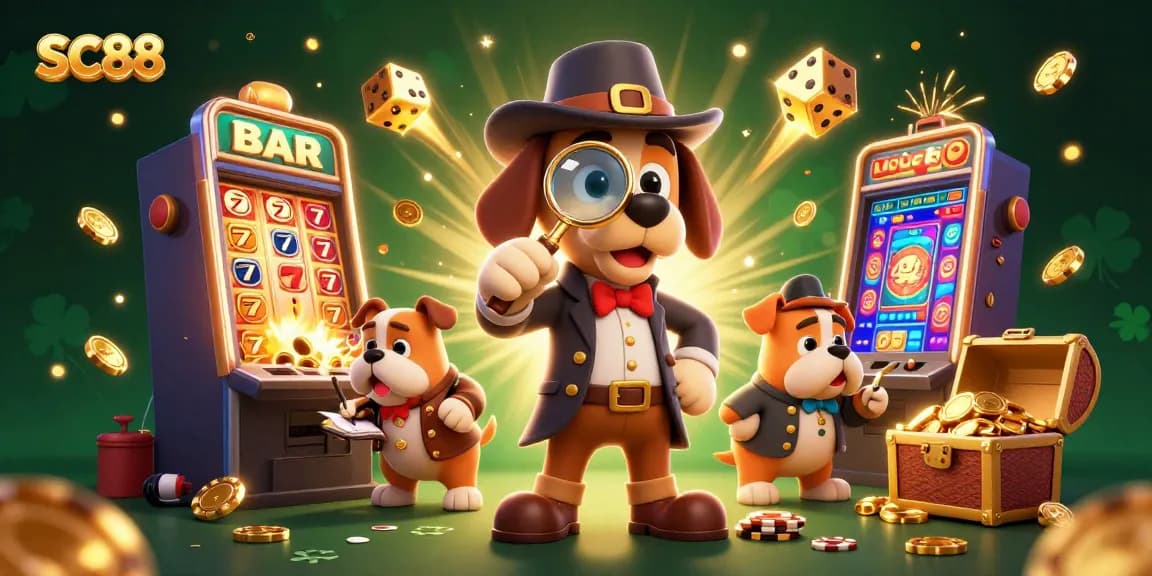 SC88 engagement with a cartoon detective uncovering casino treasures in an animated gambling scene.