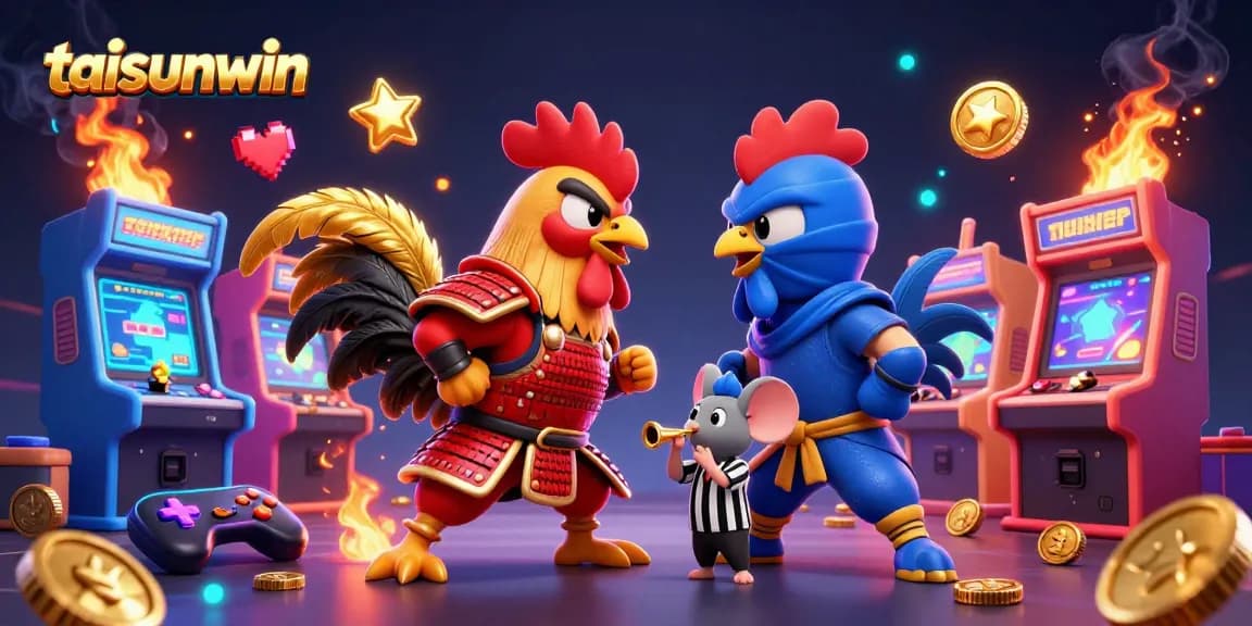 Experience excitement at taisunwin with cartoon fighting roosters in a dynamic casino scene.