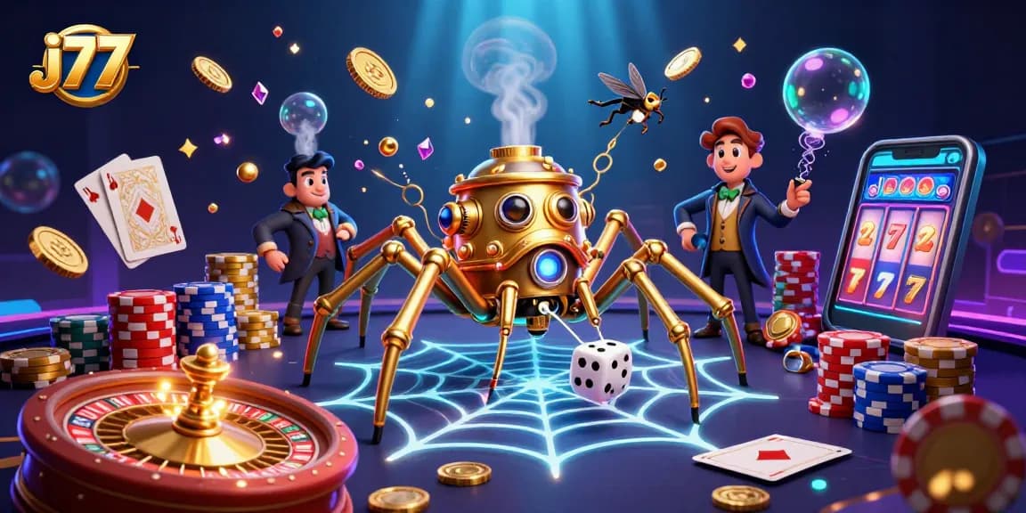 Experience exciting moments with j77 as a steampunk spider catches dice in a golden web.