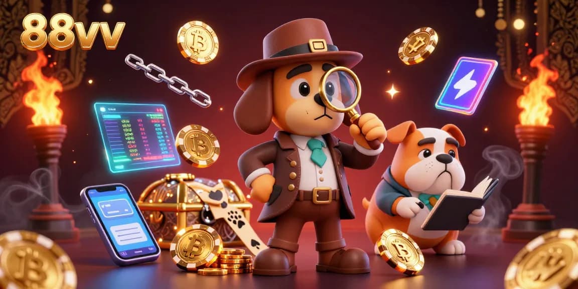 Engage with 88vv's captivating treasure hunt in a vibrant 3D casino scene featuring a detective and crypto elements.