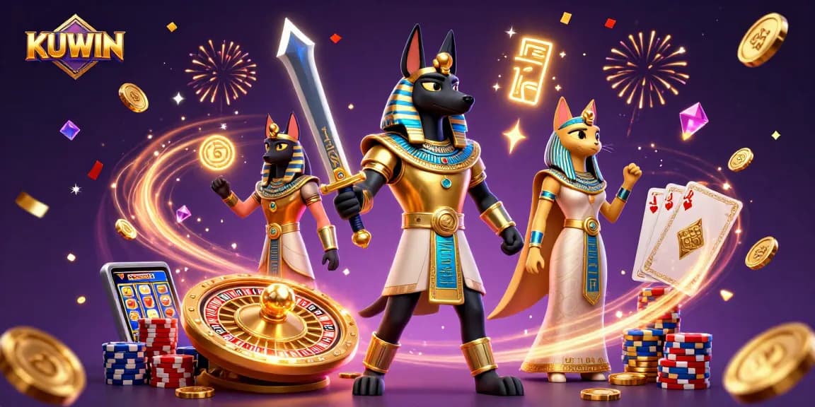 KUWIN celebrates winning moments with a dynamic illustration of casino games and characters.