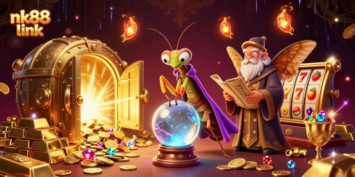 Experience the thrill of the nk88 link as a praying mantis fortune teller guides you through colorful slots and treasures.