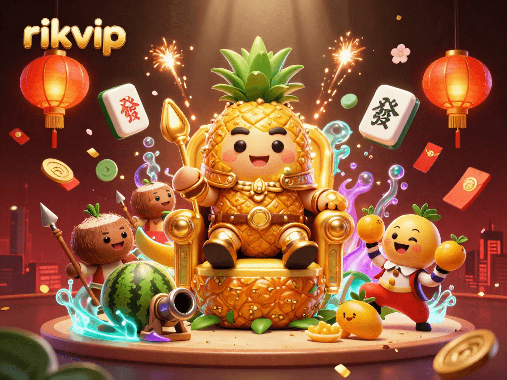 rikvip engages players with a vibrant 3D casino scene featuring a golden pineapple king.