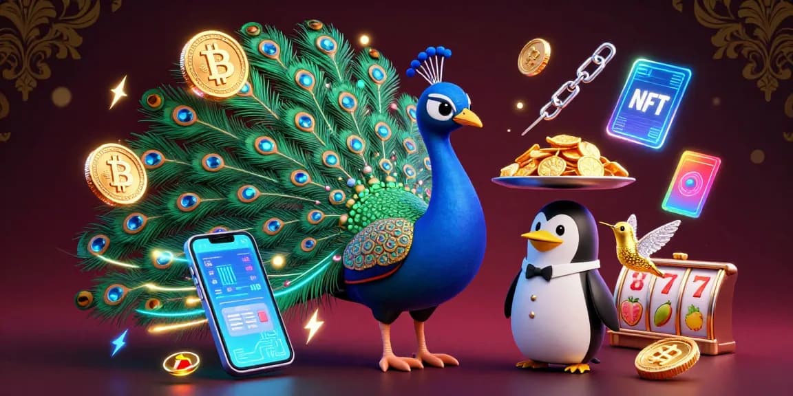 Engage with leadership articles amidst a vibrant casino scene filled with a peacock, penguin, and hummingbird.