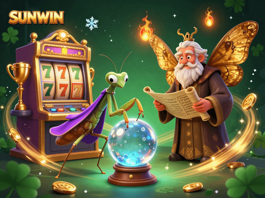 SUNWIN reveals winning potential with a 3D fortune teller, slot machines, and glowing trophies in an enchanting casino scene.