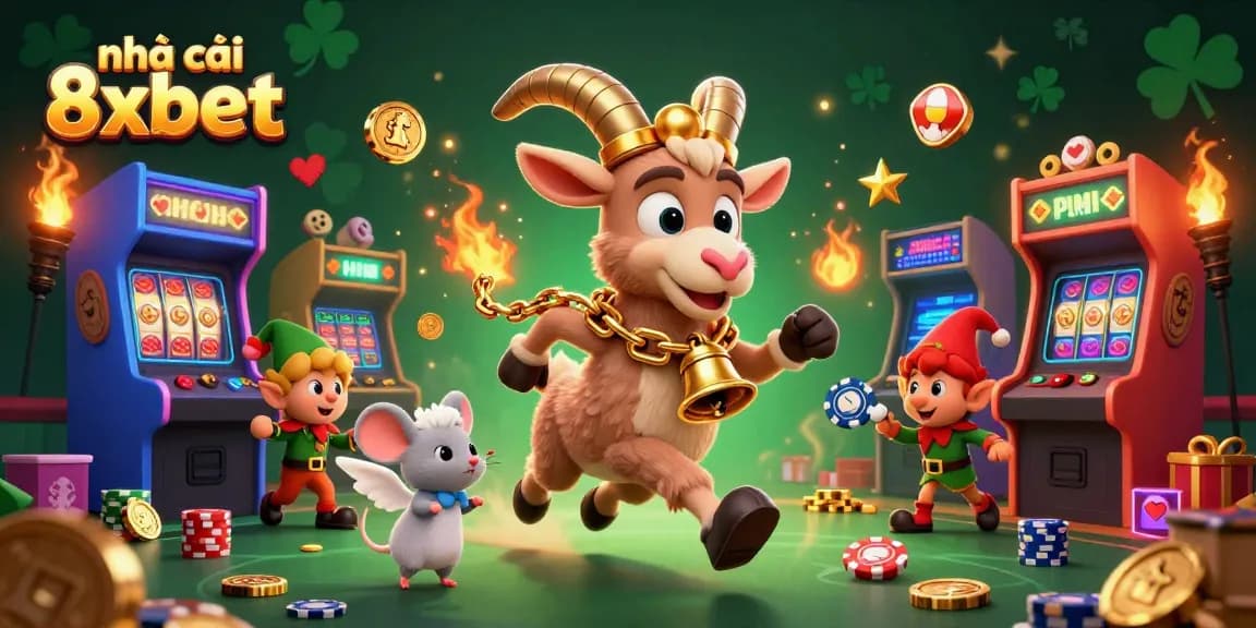 Play exciting games at nhà cái 8xbet, featuring a vibrant casino scene with lively characters and colorful elements.