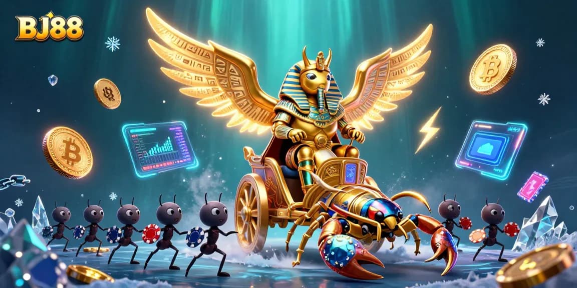 Engage with BJ88's vibrant casino scene featuring golden beetles, scorpions, and neon coins.