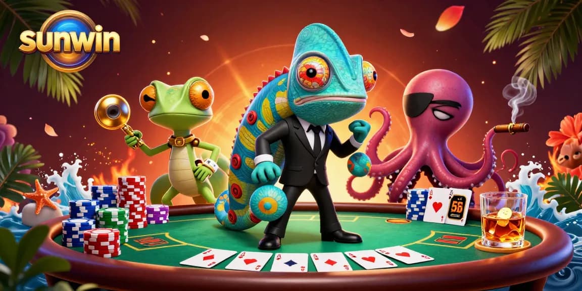 Join the thrilling action at sunwin with a secret agent chameleon and his gecko companion at a vibrant poker table.