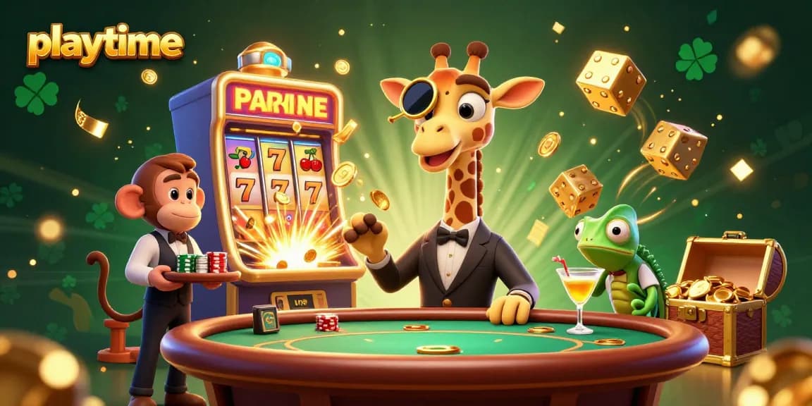 Experience thrilling playtime in this vibrant casino scene with characters and colorful gaming elements.