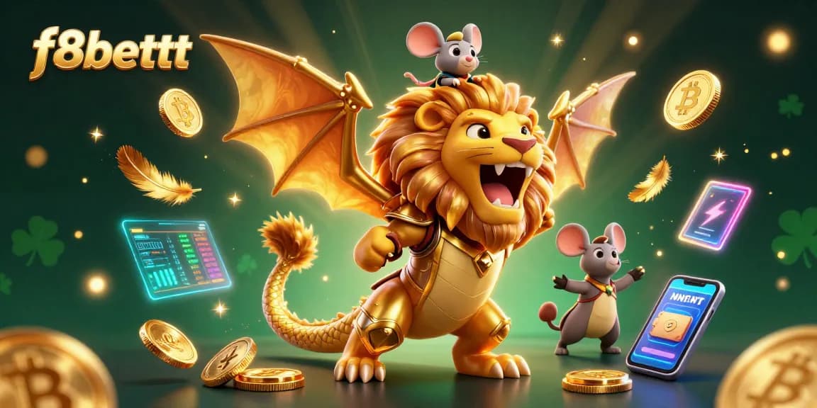 Engage with f8bettt's thrilling gaming experience, featuring a victorious golden chimera and dynamic crypto elements.