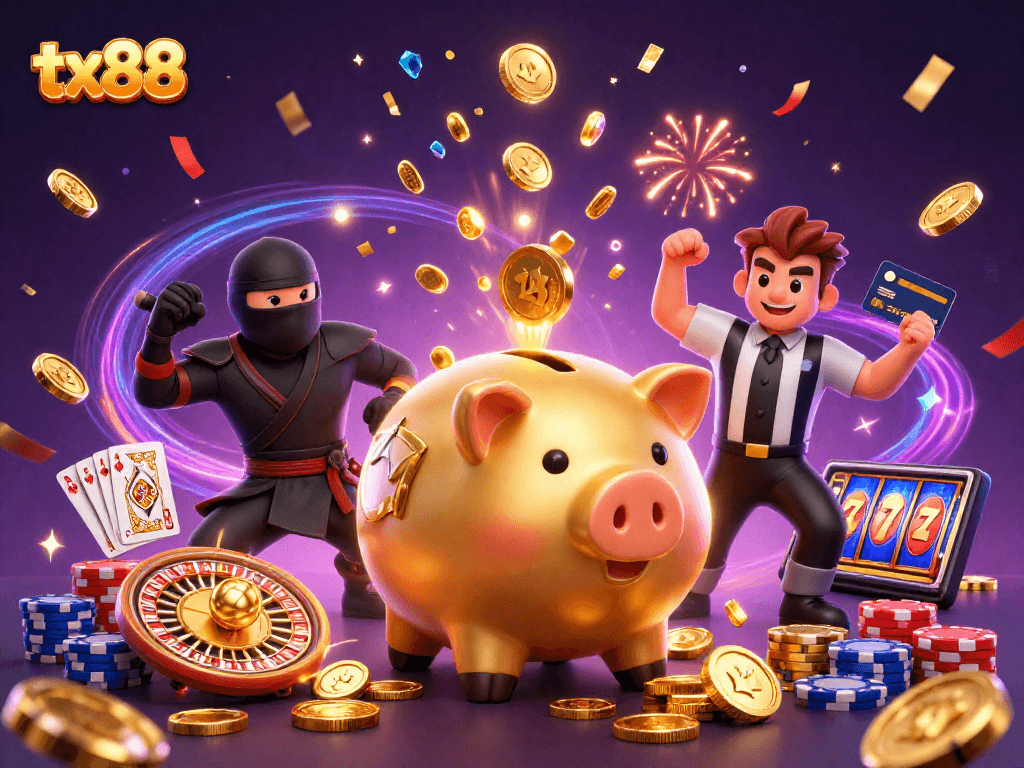 Experience exciting wins with tx88 in this vibrant 3D casino showdown illustration!