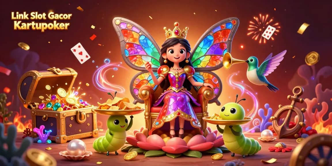 Spin and win at Link Slot Gacor Kartupoker with vibrant casino-themed illustration full of treasures.