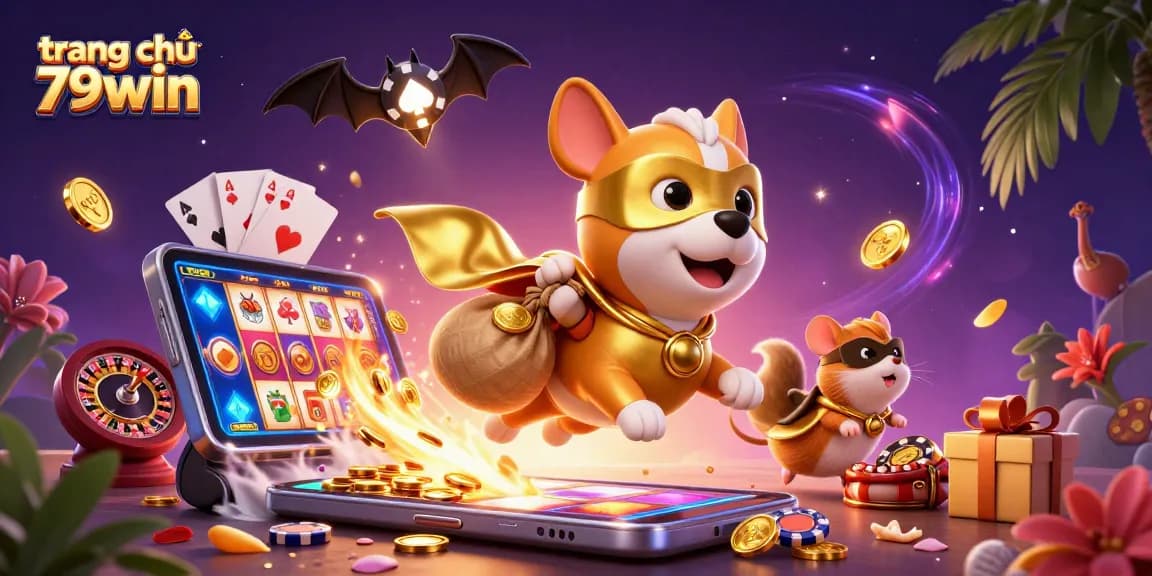 Play exciting games on trang chủ 79win with a superhero dog and hamster amid vibrant casino elements.