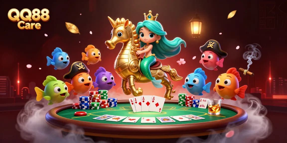 Experience thrilling online gaming with QQ88 Care, featuring a mermaid princess in a vibrant casino setting.