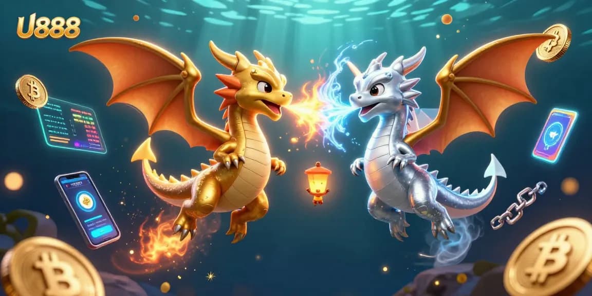 Engage with the U888 casino experience featuring cartoon dragons and crypto elements for a thrilling adventure.
