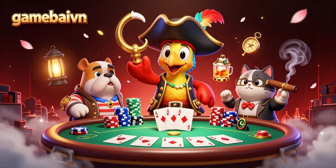 Experience exciting poker gameplay with gamebaivn characters at the poker table surrounded by vibrant elements.