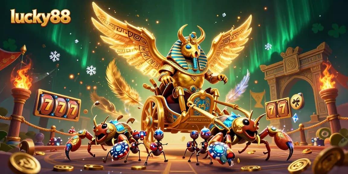 Spin lucky88's slot reels with vibrant scorpion and beetle characters in an enchanted scene.