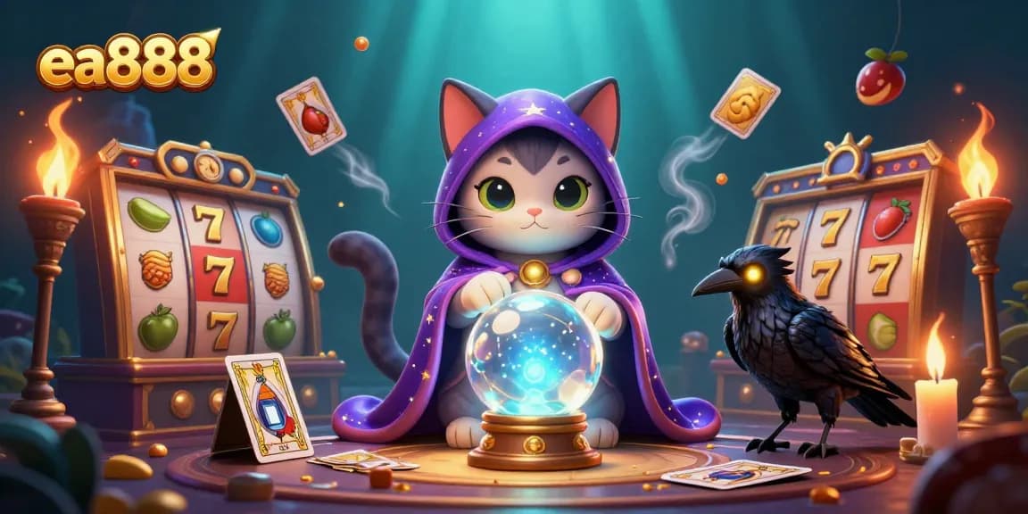 Experience endless wins with ea888, featuring a mystical cat with a crystal ball amidst vibrant casino elements.