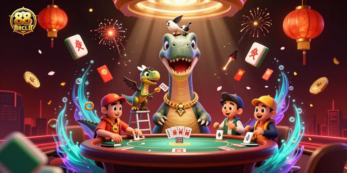 Engage with 88CLB's thrilling gaming experience, where dinosaurs interact in a vibrant casino scene.