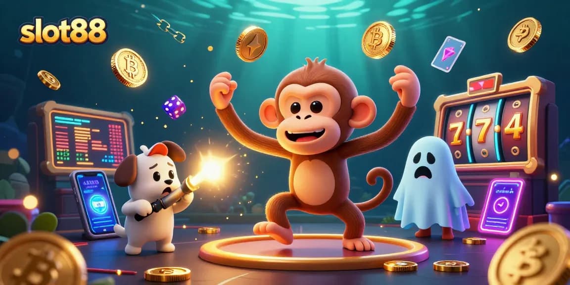 Experience thrilling gameplay with slot88 as a poltergeist monkey juggles coins in a vibrant casino.