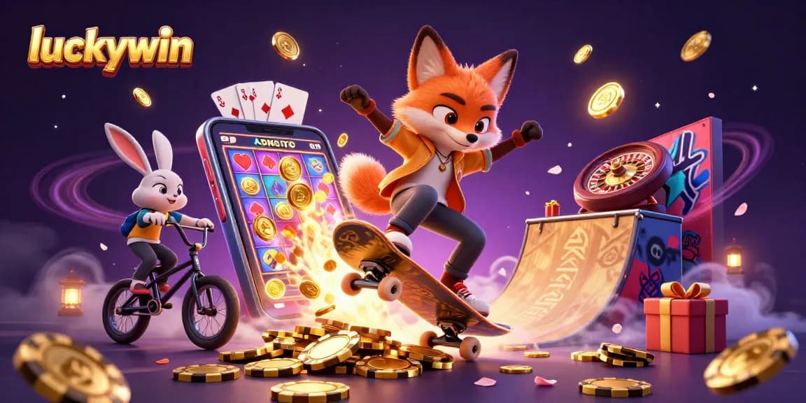 Experience the thrill of luckywin with this dynamic cartoon scene of a skateboarder fox and BMX rabbit.