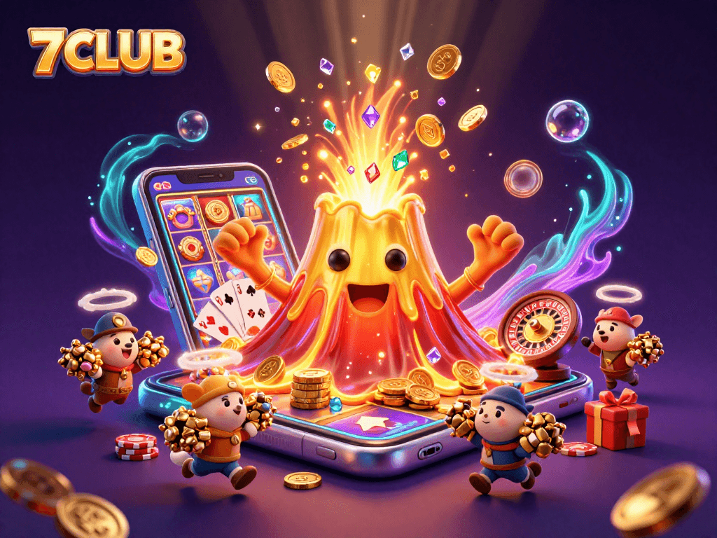 Experience thrilling wins at 7CLUB as a golden volcano erupts treasures in a vibrant casino scene.