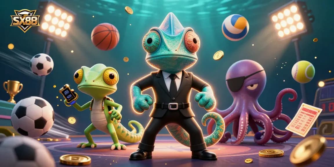 SX88 showcases vibrant cartoon characters engaged in dynamic casino action, illustrating sports betting excitement.