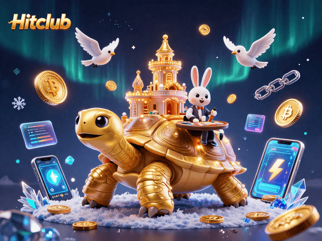 Engage with thrilling Hitclub games featuring a whimsical tortoise casino and animated cryptocurrency elements.