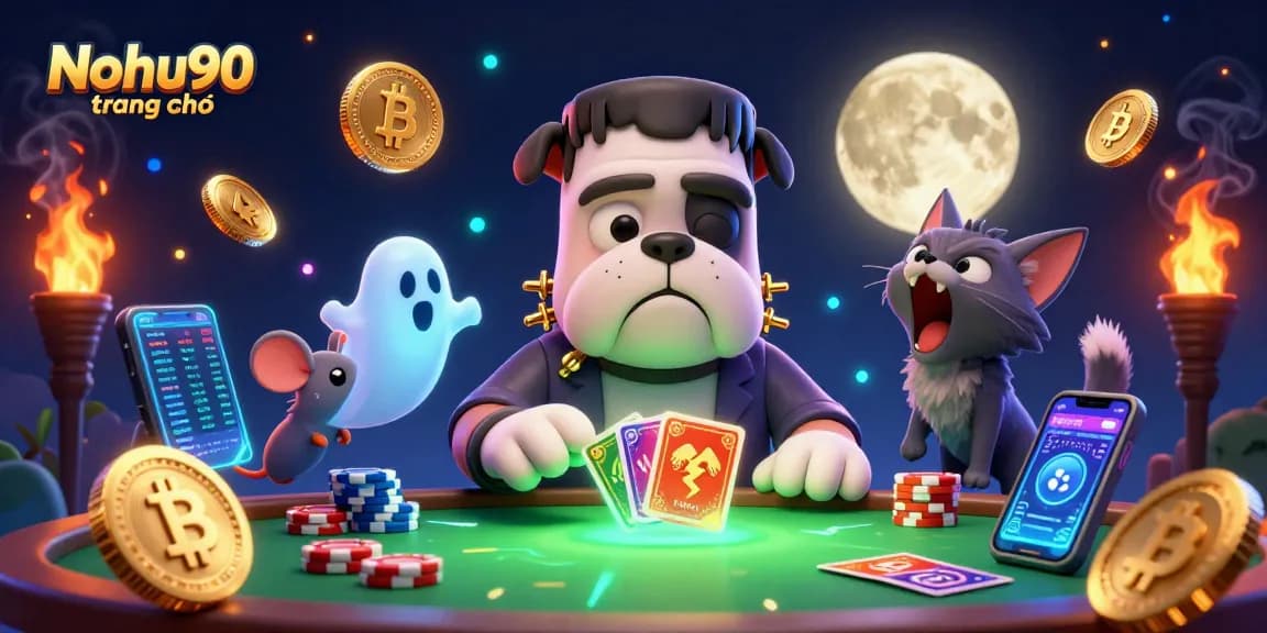 Nohu90 trang chủ showcases a vibrant 3D casino scene with a Frankenstein bulldog, ghost mouse, and werewolf kitten playing cards.