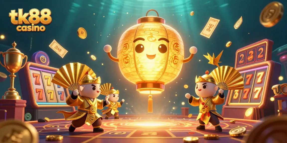 Engage in excitement with tk88 casino's dynamic scene, featuring golden lantern spirits and lucky symbols.