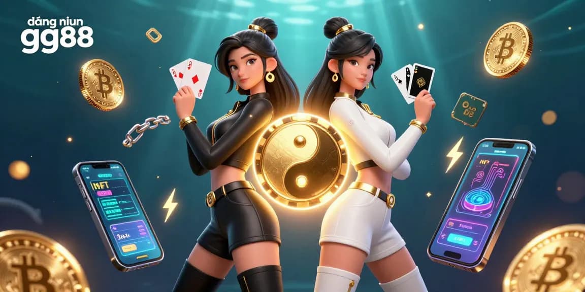 Engage in exciting gameplay by đăng nhập gg88, featuring dynamic twin Asian women and glowing cryptocurrency elements.