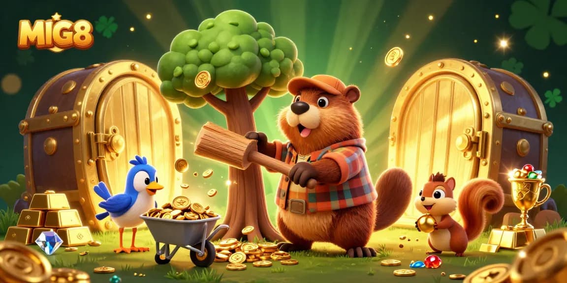 MIG8 players win in a vibrant scene as beaver, bird, and squirrel celebrate coin rains and treasures.